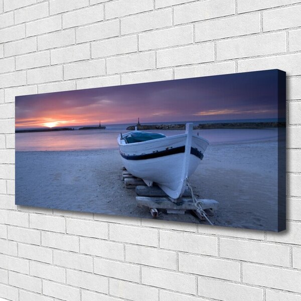 Tablou pe panza canvas Barca Sea Sun Beach Peisaj Alb Negru Galben Gri