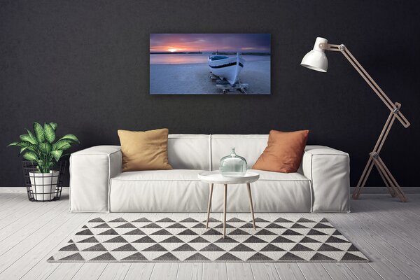Tablou pe panza canvas Barca Sea Sun Beach Peisaj Alb Negru Galben Gri