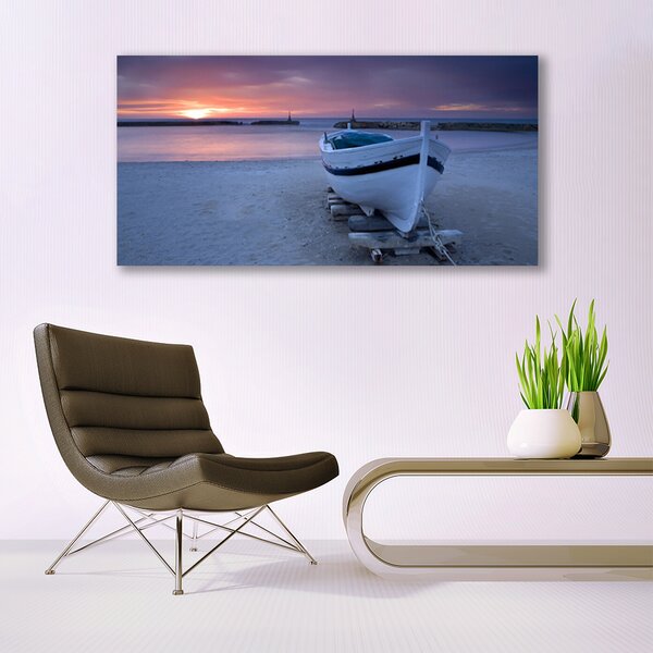 Tablou pe panza canvas Barca Sea Sun Beach Peisaj Alb Negru Galben Gri