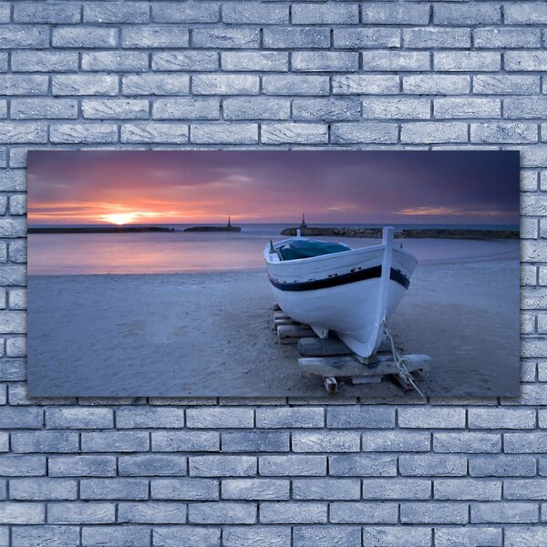 Tablou pe panza canvas Barca Sea Sun Beach Peisaj Alb Negru Galben Gri
