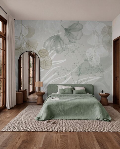 Tapet Elemente florale eucaliptus în nuanțe de verde și alb, cu frunze și petale suprapuse, în stil, Fototapet Acuarelă, w08599v1 : Uwalls.ro