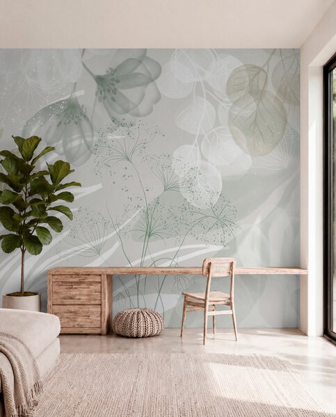 Tapet Elemente florale eucaliptus în nuanțe de verde și alb, cu frunze și petale suprapuse, în stil, Fototapet Acuarelă, w08599v1 : Uwalls.ro