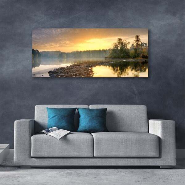 Tablou pe panza canvas Lacul Pietrele Peisaj Forestier Gri Verde Alb Galben