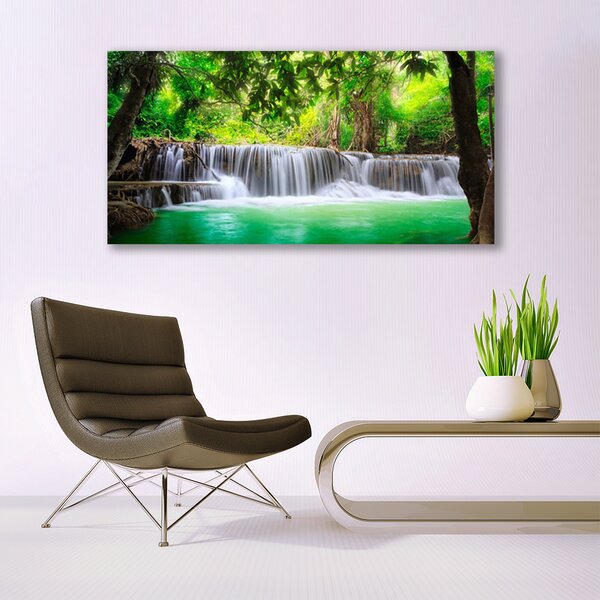 Tablou pe sticla Cascada Lake Forest Natura Albastru Gri Verde Maro