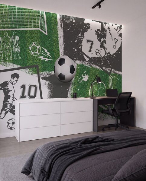 Tapet Jucători de fotbal, minge și teren, Fototapet pentru camera unui adolescent, Fototapet Fotbal, w03121 : Uwalls.ro