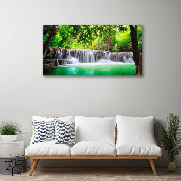 Tablou pe panza canvas Cascada Lake Forest Natura Albastru Gri Verde Maro