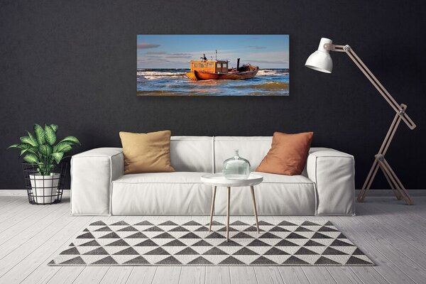 Tablou pe panza canvas Barca Marea Peisaj Galben Verde Albastru