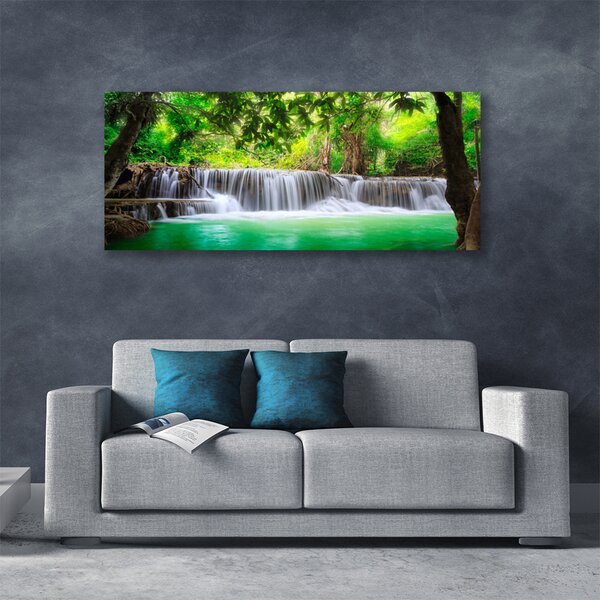 Tablou pe panza canvas Cascada Lake Forest Natura Albastru Gri Verde Maro