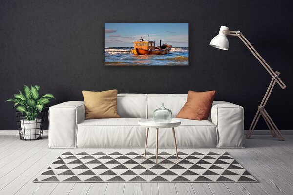 Tablou pe panza canvas Barca Marea Peisaj Galben Verde Albastru