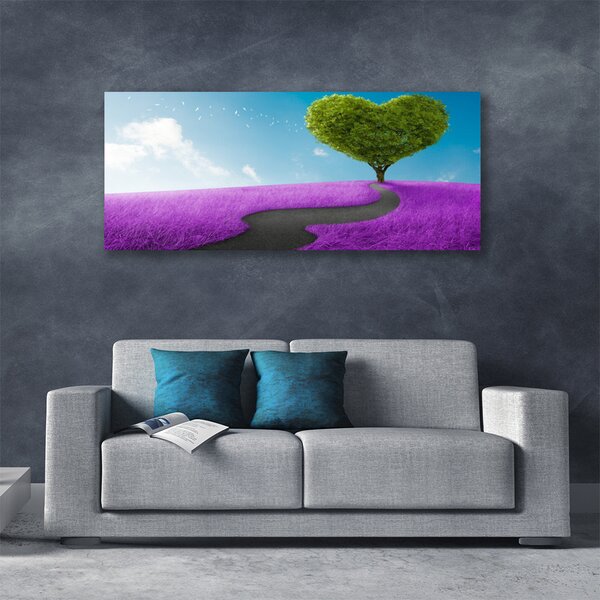 Tablou pe panza canvas Meadow Potecă copac Natura Roz Gri Verde