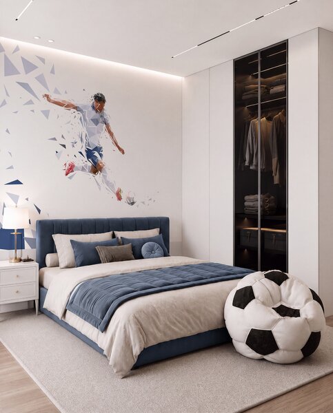 Tapet Fotbalist dinamic într-un stil low-poly, lovind mingea, Fototapet pentru camera unui adolescent, Fototapet Fotbal, w03289 : Uwalls.ro