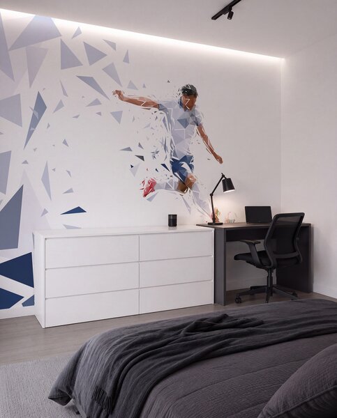 Tapet Fotbalist dinamic într-un stil low-poly, lovind mingea, Fototapet pentru camera unui adolescent, Fototapet Fotbal, w03289 : Uwalls.ro