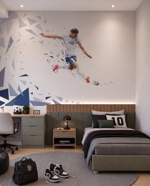 Tapet Fotbalist dinamic într-un stil low-poly, lovind mingea, Fototapet pentru camera unui adolescent, Fototapet Fotbal, w03289 : Uwalls.ro