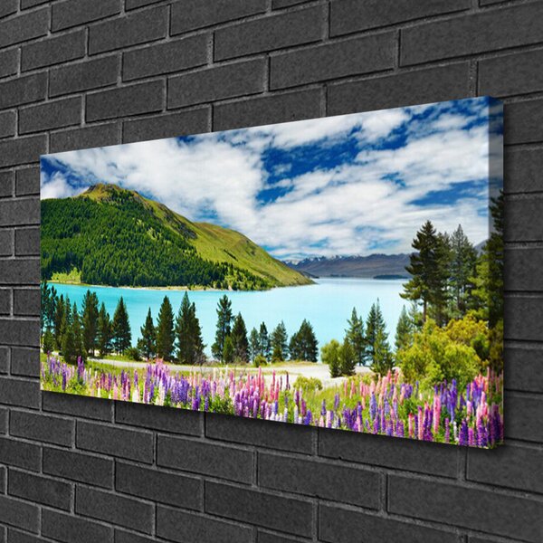 Tablou pe panza canvas Mountain Forest Meadow Lake Peisaj Verde Albastru Violet Roz
