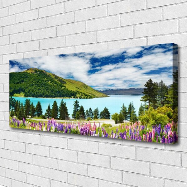 Tablou pe panza canvas Mountain Forest Meadow Lake Peisaj Verde Albastru Violet Roz