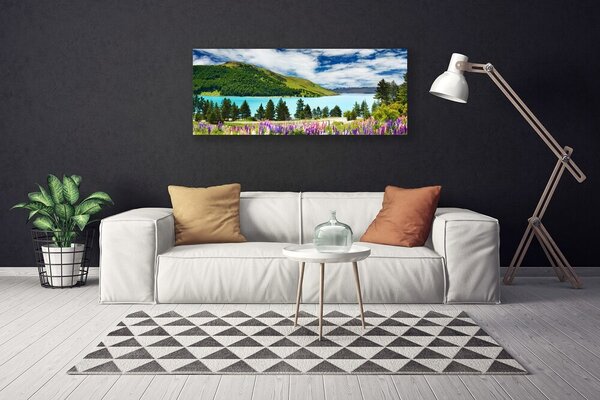 Tablou pe panza canvas Mountain Forest Meadow Lake Peisaj Verde Albastru Violet Roz