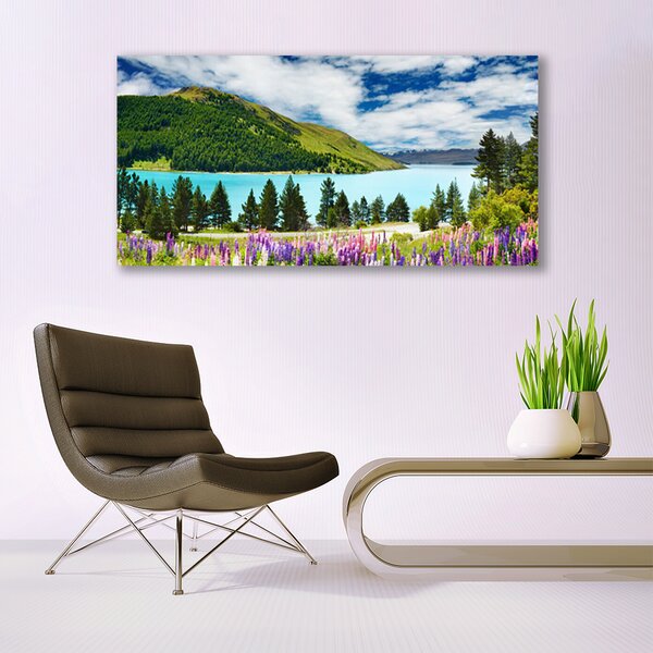 Tablou pe sticla Mountain Forest Meadow Lake Peisaj Verde Albastru Violet Roz