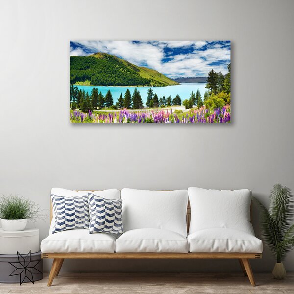 Tablou pe panza canvas Mountain Forest Meadow Lake Peisaj Verde Albastru Violet Roz