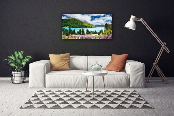Tablou pe panza canvas Mountain Forest Meadow Lake Peisaj Verde Albastru Violet Roz