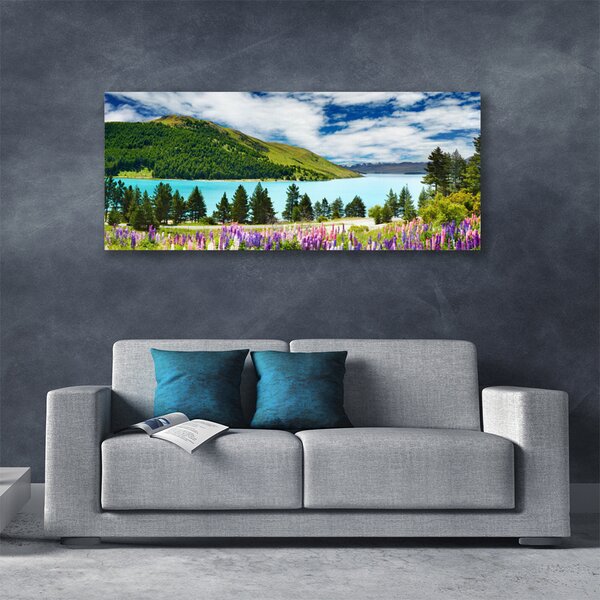 Tablou pe panza canvas Mountain Forest Meadow Lake Peisaj Verde Albastru Violet Roz