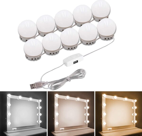 Set de lumini cu 10 becuri LED pentru Oglinda de make-up, 3 Moduri de Iluminare