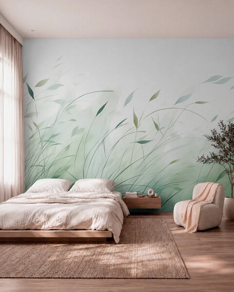 Tapet Iarbă verde în vânt în stil acuarelă, Fototapet Natură, w09331 : Uwalls.ro
