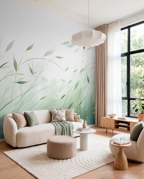 Tapet Iarbă verde în vânt în stil acuarelă, Fototapet Natură, w09331 : Uwalls.ro