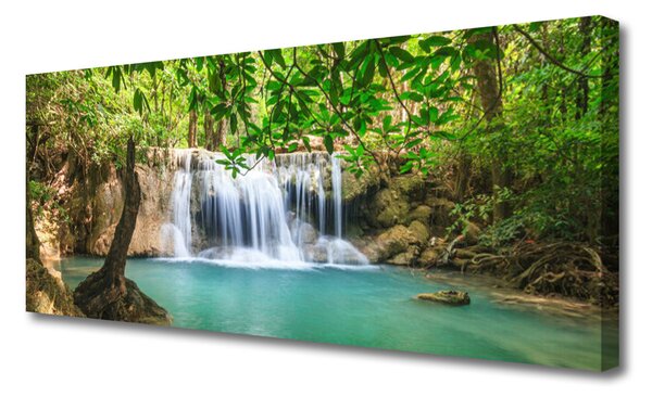 Tablou pe panza canvas Cascada Lacul Natural Pădurea Verde Maro Albastru Alb