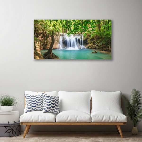 Tablou pe panza canvas Cascada Lacul Natural Pădurea Verde Maro Albastru Alb