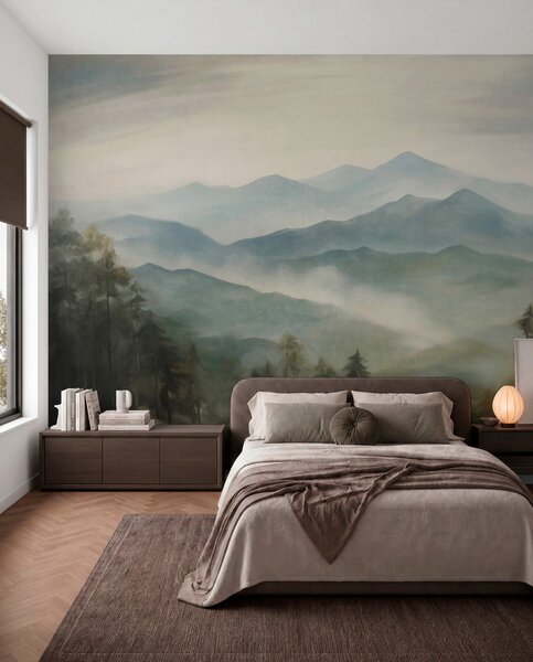 Tapet Lanț muntos în ceață, cu copaci, ceață, cer înnorat, culori estompate, stil pictural peisagistic, Fototapet Natură, w09424 : Uwalls.ro