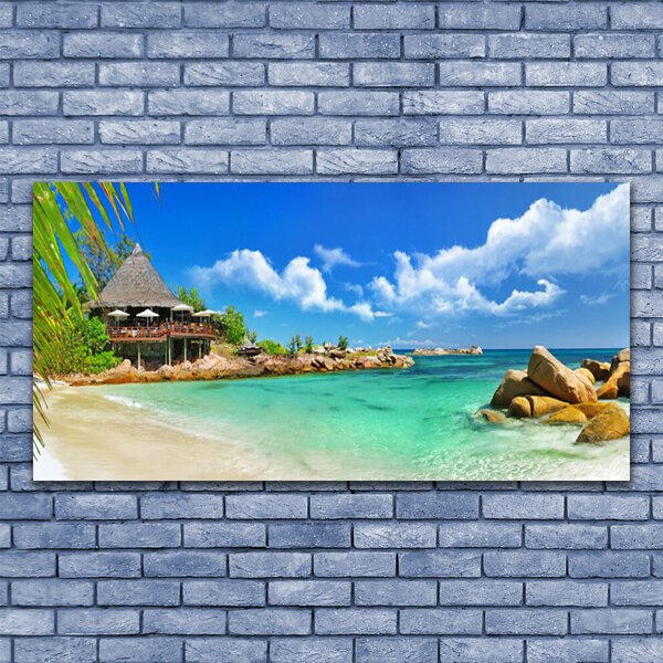 Tablou pe sticla Plaja Sea Stones Peisaj Alb Albastru Maro