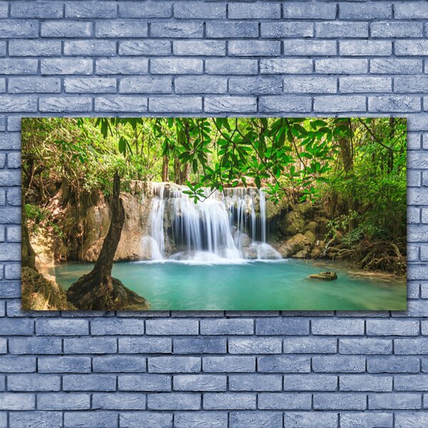 Tablou pe panza canvas Cascada Lacul Natural Pădurea Verde Maro Albastru Alb