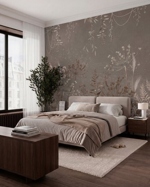 Tapet Model botanic ușor, cu flori și frunze, Fototapet Natură, Fototapet Frunze, w05092v1 : Uwalls.ro