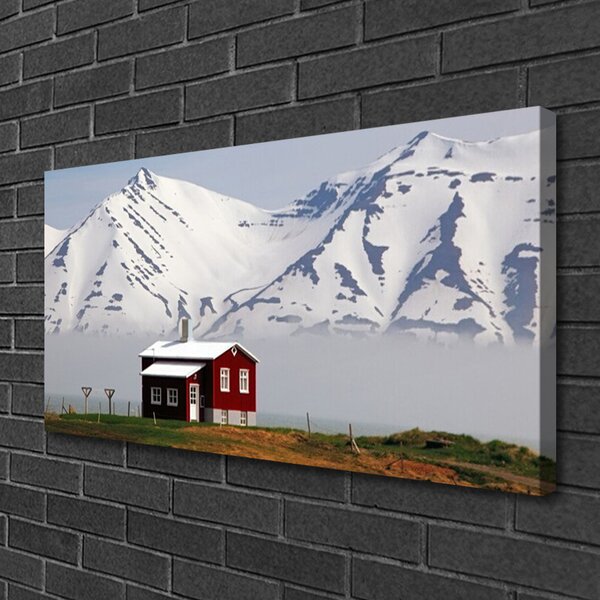 Tablou pe panza canvas Mountain House Peisaj Alb Gri Maro Verde