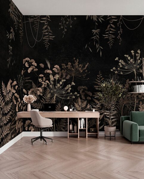Tapet Model botanic întunecat cu flori și frunze, Fototapet Natură, Fototapet Frunze, w05092 : Uwalls.ro