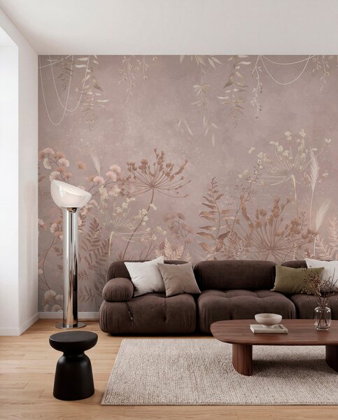 Tapet Model botanic bej deschis cu flori sălbatice, Fototapet Natură, Fototapet Frunze, w05092v2 : Uwalls.ro