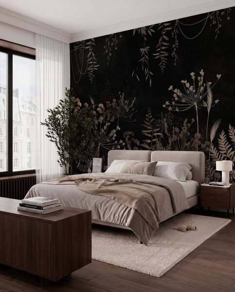 Tapet Model botanic întunecat cu flori și frunze, Fototapet Natură, Fototapet Frunze, w05092 : Uwalls.ro