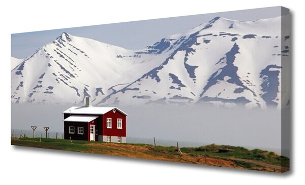 Tablou pe panza canvas Mountain House Peisaj Alb Gri Maro Verde