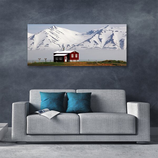 Tablou pe panza canvas Mountain House Peisaj Alb Gri Maro Verde