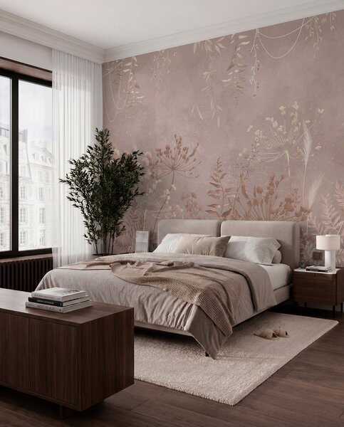 Tapet Model botanic bej deschis cu flori sălbatice, Fototapet Natură, Fototapet Frunze, w05092v2 : Uwalls.ro