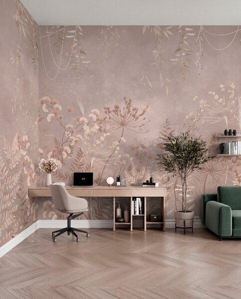Tapet Model botanic bej deschis cu flori sălbatice, Fototapet Natură, Fototapet Frunze, w05092v2 : Uwalls.ro