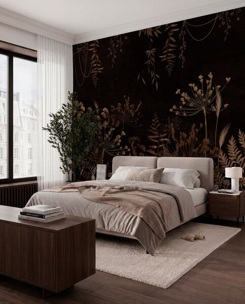 Tapet Model botanic întunecat cu flori și ierburi, Fototapet Natură, Fototapet Frunze, w05092v3 : Uwalls.ro