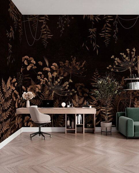 Tapet Model botanic întunecat cu flori și ierburi, Fototapet Natură, Fototapet Frunze, w05092v3 : Uwalls.ro