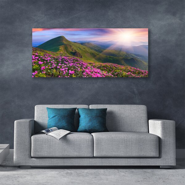 Tablou pe panza canvas Muntii Meadow Flori Peisaj Albastru Verde Roz