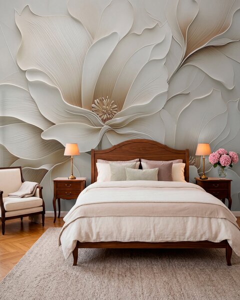 Tapet Relief cu flori bej în relief, prim-plan, Fototapet Flori, w05269 : Uwalls.ro