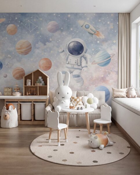 Tapet un mic astronaut printre planete și stele, Imagini de fundal unice, w05233 : Uwalls.ro