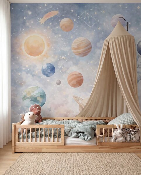 Tapet un mic astronaut printre planete și stele, Imagini de fundal unice, w05233 : Uwalls.ro