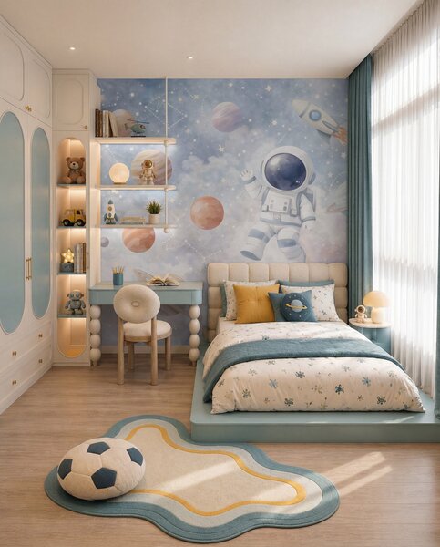 Tapet un mic astronaut printre planete și stele, Imagini de fundal unice, w05233 : Uwalls.ro