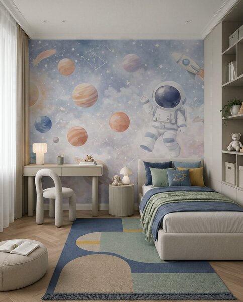 Tapet un mic astronaut printre planete și stele, Imagini de fundal unice, w05233 : Uwalls.ro