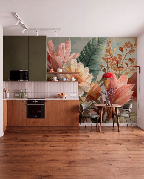Tapet Flori cu frunze, Imagini de fundal unice, w05378 : Uwalls.ro